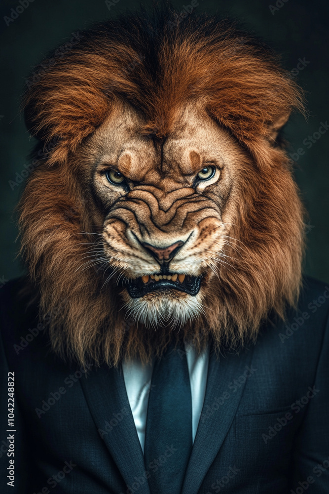 Lion in a classic suit, on a plain background, very angry. Real photo Lion in a classic suit, on a plain background, very angry. Real photo