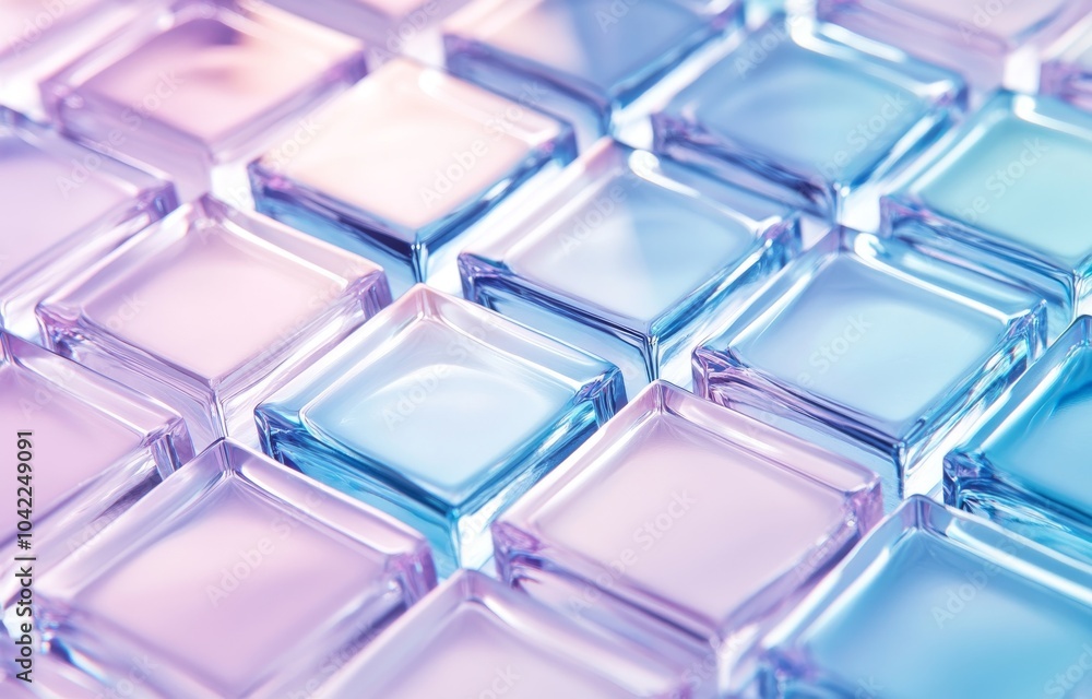 A detailed close-up of glossy, translucent glass tiles in pastel shades of blue, purple, and pink, creating a reflective surface.
A detailed close-up of glossy, translucent glass tiles in pastel shades of blue, purple, and pink, creating a reflective surface.