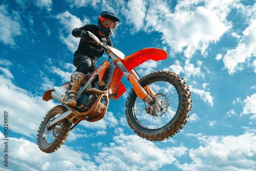 A dirt biker performs a jump against a bright sky during an afternoon ride in...