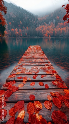 Autumn sunset reflects on calm lake with wooden dock covered in red leaves