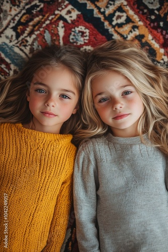 Two girls with long hair wearing sweaters relax on a patterned rug during a c...
