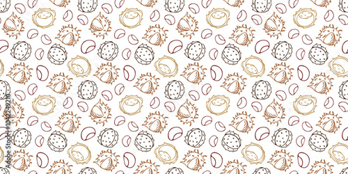 Vector seamless pattern with outlines of chestnuts in doodle style. Line art autumn background. Thanksgiving design. Concept of forest, leaf fall, nature.