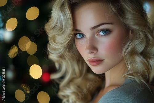 Elegant young woman with blonde hair and red lips posed near a beautifully de...