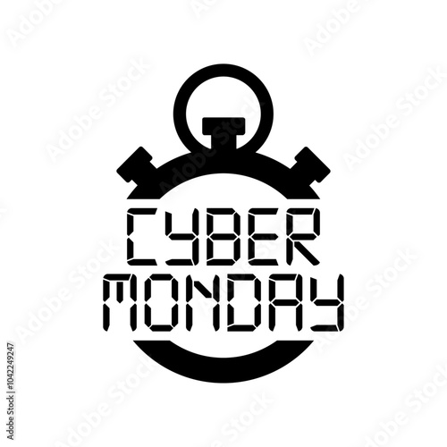 Tiempo de rebajas. Banner con silueta de cronómetro o reloj con texto Cyber Monday