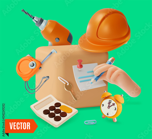 3d Moving Services Concept Background Cartoon Design Style with Cardboard Box. Vector illustration of Fast Relocation Service