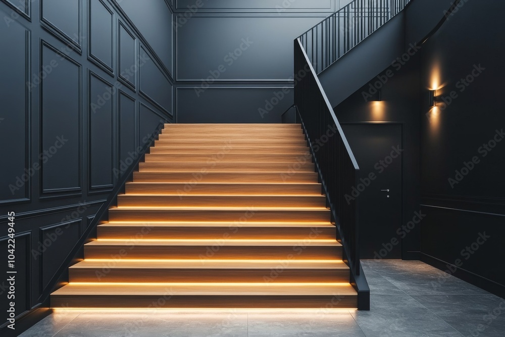 Fototapeta premium Elegant modern staircase with warm lighting in a contemporary interior space at dusk