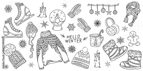 Hello winter and Merry Christmas vector hand drawn set. Congratulations on the New Year's holiday.  New Year attributes for cards, banners, web design, scrapbooking and other holiday designs.