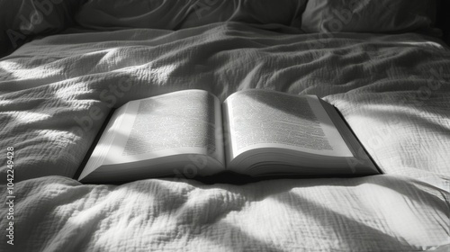 A large open book lies on a soft bed, bathed in gentle morning light