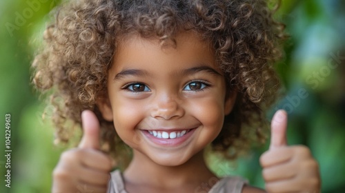 A joyful child with curly hair giving a thumbs up in a lush green garden duri...