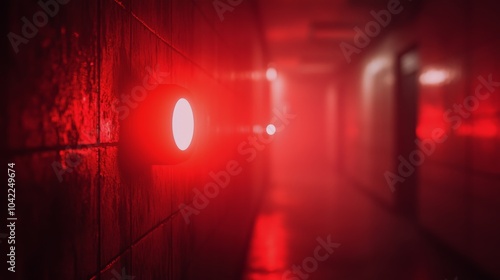 Red light fixed to a wall near a bustling urban street at dusk