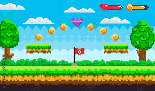 Colorful video game level with trees, platforms, coins, a flag, and a diamond in a pixel art style. Ideal for retro gaming, platformer games, adventure, digital art, and game design projects