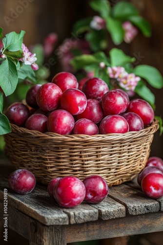 Freshly picked red plums in a wicker basket on a rustic wooden surface surrou...