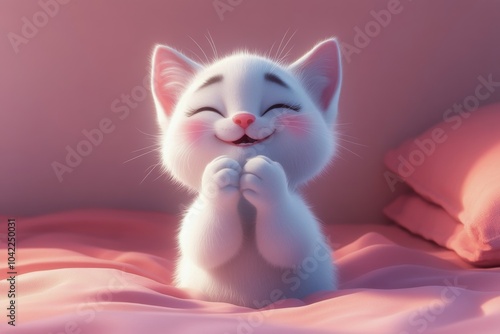 Cute white kitten sitting on a pink surface with a joyful expression and soft...