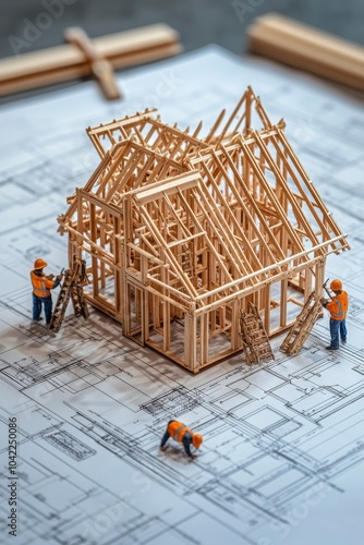 Construction of a miniature wooden house on architectural plans with tiny wor...