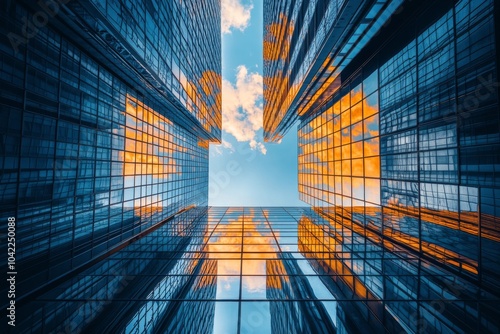 Looking up at modern skyscrapers against a blue sky with reflections and clou...