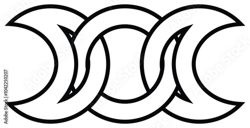 Occult wiccan symbol of triune goddess - ornament, ligature of three moons in Celtic motif. Line art icon, linear sign of intertwining moons. Symbolic image of lunar cycle. Vector illustration.