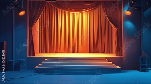 A vibrant stage with curtains and atmospheric lighting prepared for a live pe...