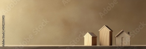 Wooden model houses on a smooth surface with a warm background in a calm inte...