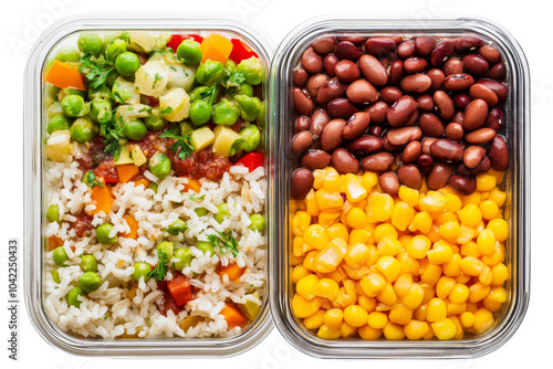 Colorful meal prep container filled with rice, beans, and mixed vegetables,Isolated on transparent background photo