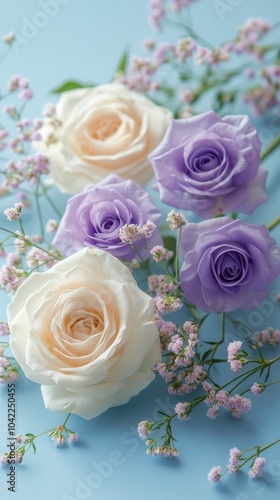 Beautiful arrangement of white and lavender roses with delicate filler flower...