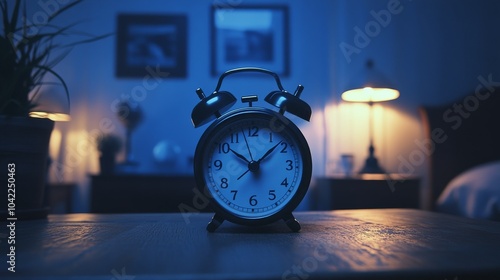 An old fashioned alarm clock sits on a wooden table in a dimly lit bedroom du...