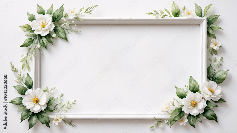 Graceful watercolor frame with white flowers and greenery for elegant decoration Graceful watercolor frame with white flowers and greenery for elegant decoration