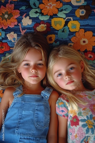 Two girls with long hair wearing sweaters relax on a patterned rug during a c...