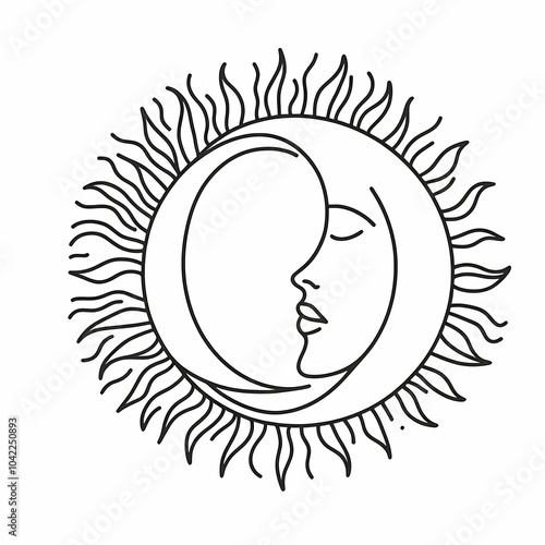 Minimalist line art of the sun and moon combined, featuring a serene face with closed eyes, symbolizing balance, harmony, and celestial beauty.
 photo