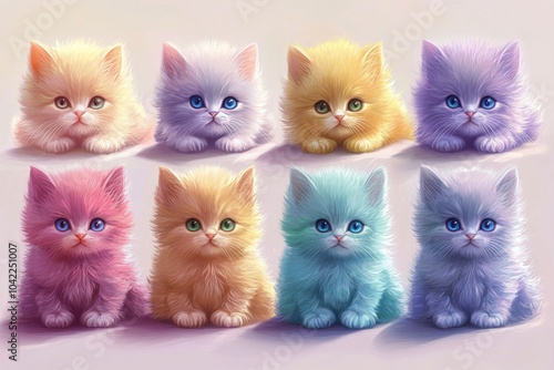 Colorful collection of fluffy kittens sitting in a row with bright blue eyes ...