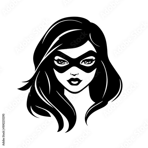 Black and white flat illustration of superhero girl.