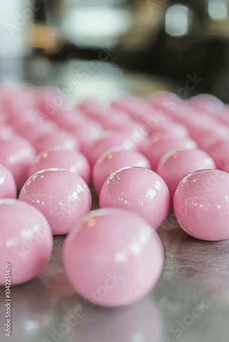 A collection of shiny pink balls arranged on a marble surface in a bright ind...