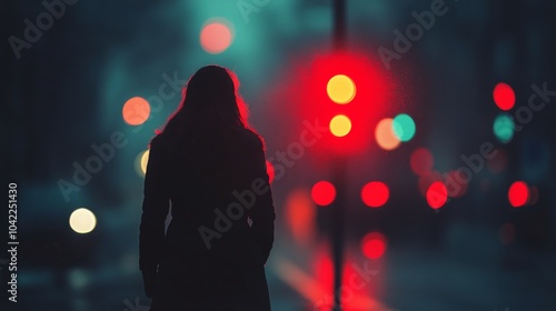Red light fixed to a wall near a bustling urban street at dusk