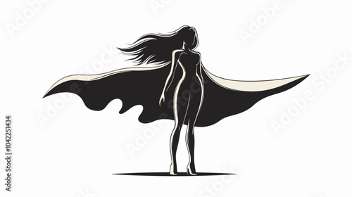 Black and white flat illustration of superhero girl.