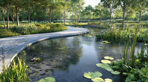 An inviting pond with a walking path around it, featuring sustainable design elements like permeable paving and natural plant buffers to enhance biodiversity.