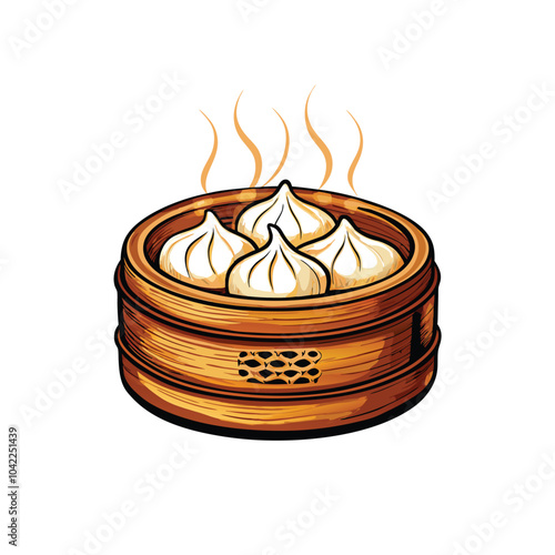 Create a realistic vector illustration of a steaming basket of four xiaolongbao dumplings.