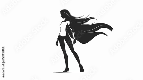 Black and white flat illustration of superhero girl.