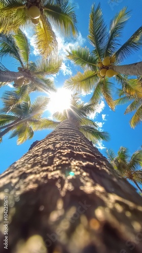 Sunshine filtering through palm trees on a clear day at a tropical location