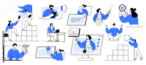 Various professionals engaging in activities like project planning, online meetings, data analysis, and goal setting. Ideal for business strategy, teamwork, productivity, leadership, digital