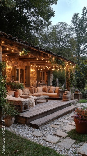 Cozy outdoor seating area with decorative lights in a rustic garden home duri...