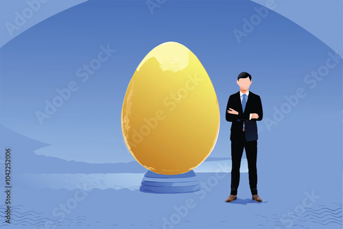 Illustration of a businessman standing next to a large golden egg.