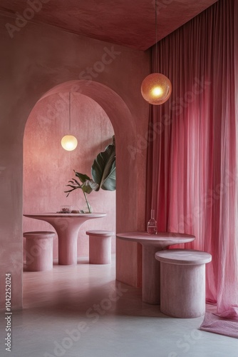 A modern pink interior featuring an elegant dining area with soft lighting in...
