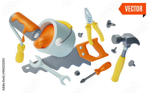 3d Fix and Repair Concept Floating Hand Saw, Screwdriver, Bucket and Paint Roller Cartoon Design Style. Vector illustration