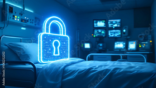 Cybersecurity in Medical Facility with Neon Lock Symbol