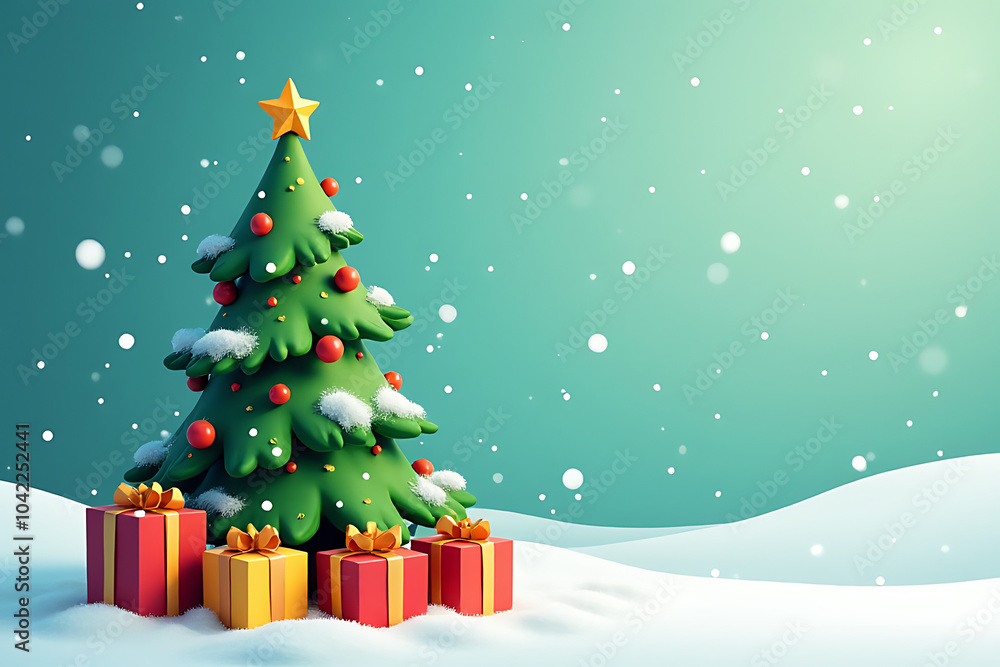 happy new year illustration features green christmas tree cartoon style surrounded snow festive gifts happy new year illustration features green christmas tree cartoon style surrounded snow festive gifts