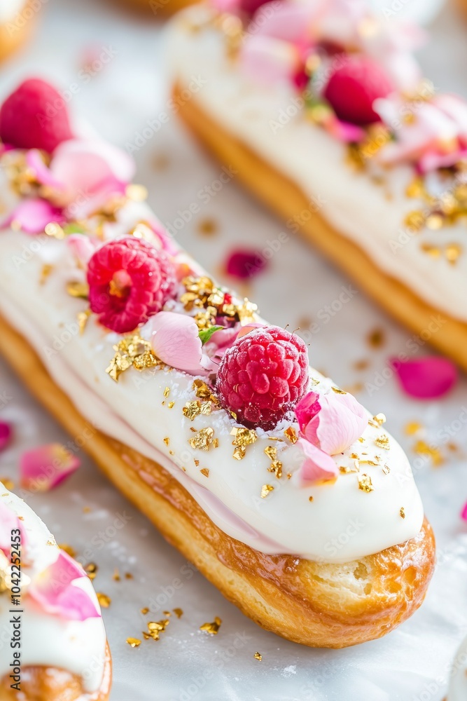 elegant éclairs filled with a rose and raspberry cream, topped with a shiny white chocolate glaze for Valentines elegant éclairs filled with a rose and raspberry cream, topped with a shiny white chocolate glaze for Valentines