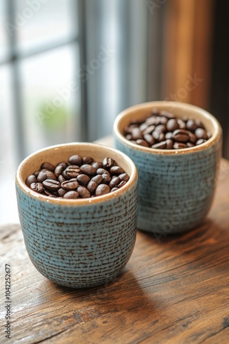 Two ceramic cups filled with dark roasted coffee beans on a wooden table indoors