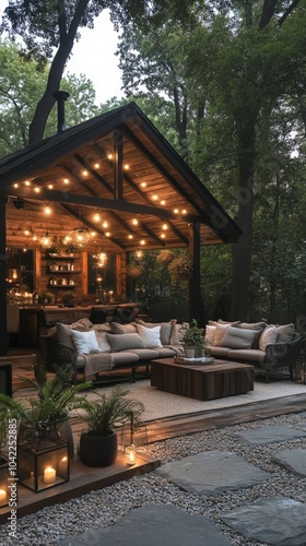 Cozy outdoor seating area with decorative lights in a rustic garden home duri...