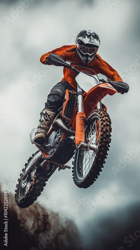 Motocross rider performing an impressive jump during a cloudy day