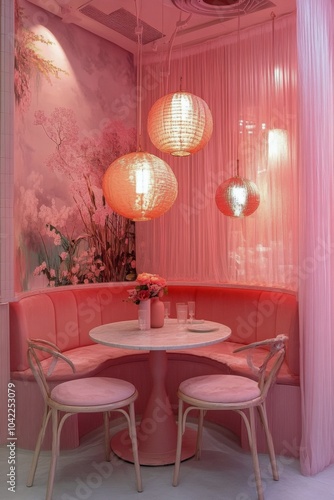 A modern pink interior featuring an elegant dining area with soft lighting in...
