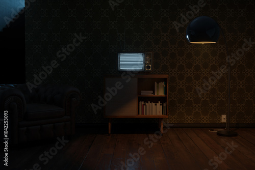 Tableau sur toile Retro living room with an old television with bright static screen